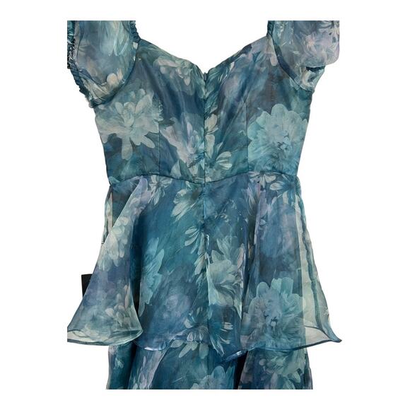 Lulu's Lulus Darling Vision Teal Floral Organza Puff Sleeve Tiered Midi Dress M - Picture 13 of 16